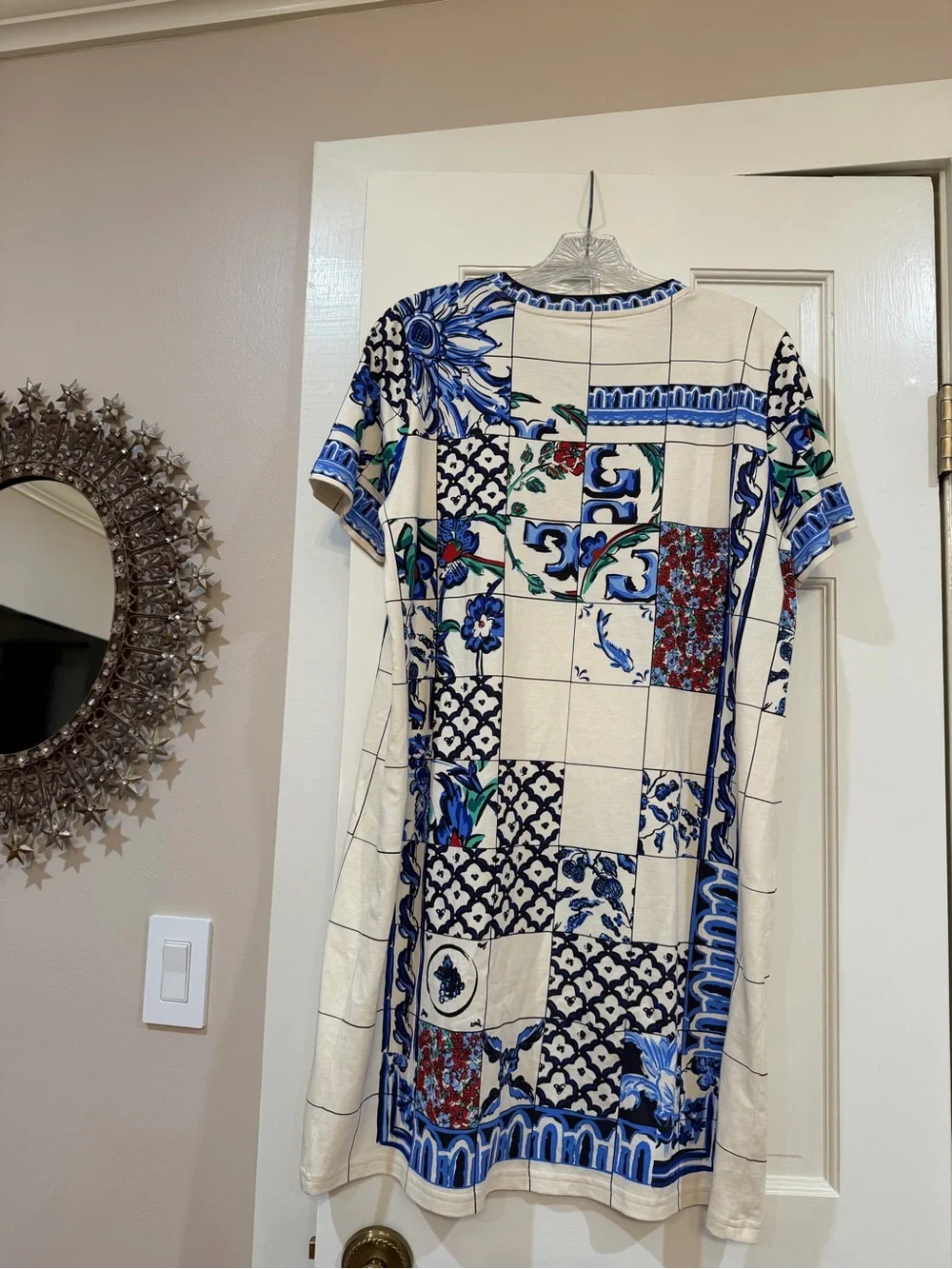 Tory Burch Blue and Cream Patchwork Tile Short Sleeve Mini Dress